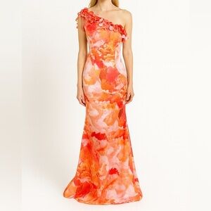 Rene Ruiz Collection One Shoulder 3D Applique Gown Fit Flare Dress Orange Size 2